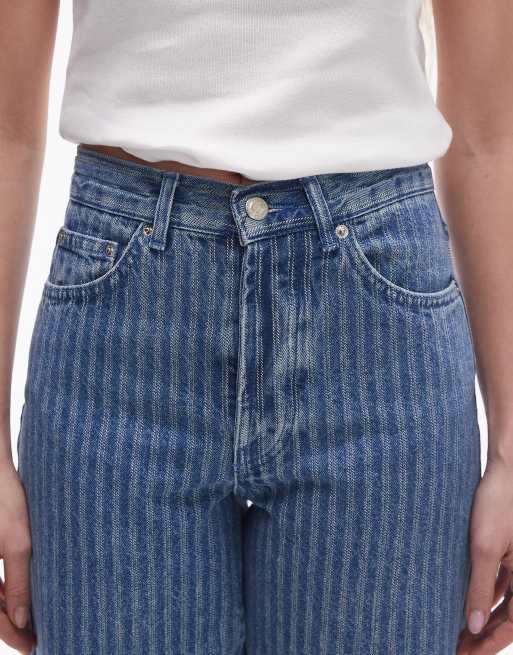 Topshop mid rise loose fit straight jean in mid blue stripe ASOS