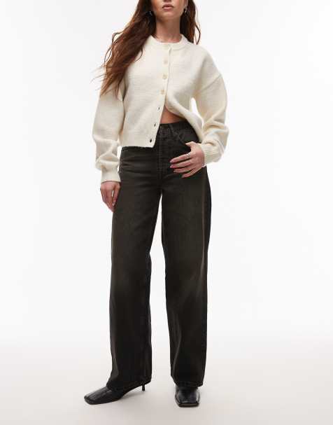 Topshop mid rise loose fit straight jean in vintage washed black - view 1