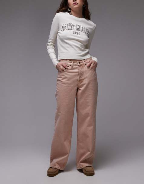 Topshop mid rise loose fit straight jeans in blush - view 1
