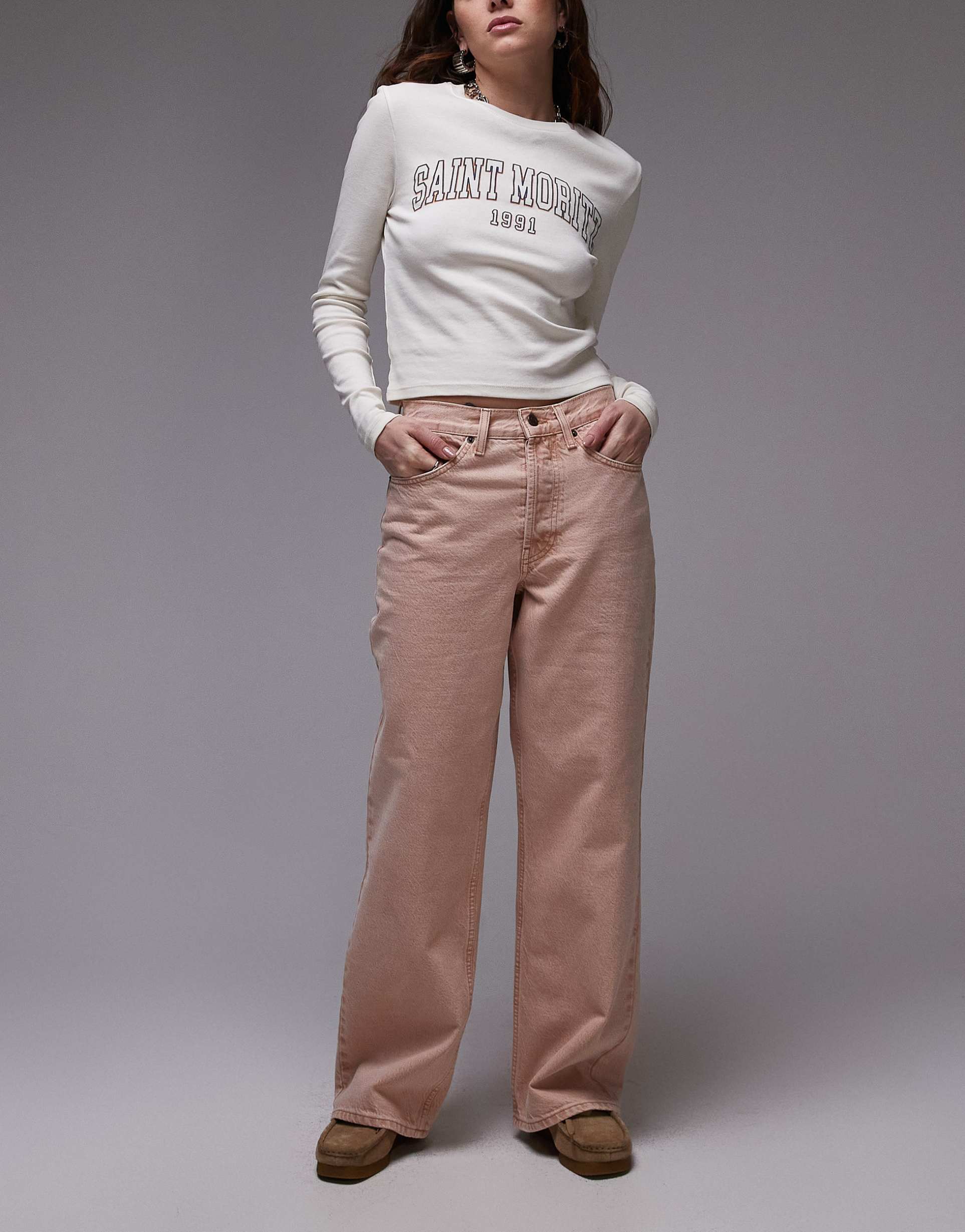 topshop mid rise loose fit straight jeans in blush