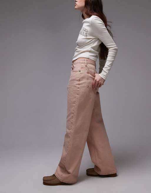 Topshop mid rise loose fit straight jeans in blush