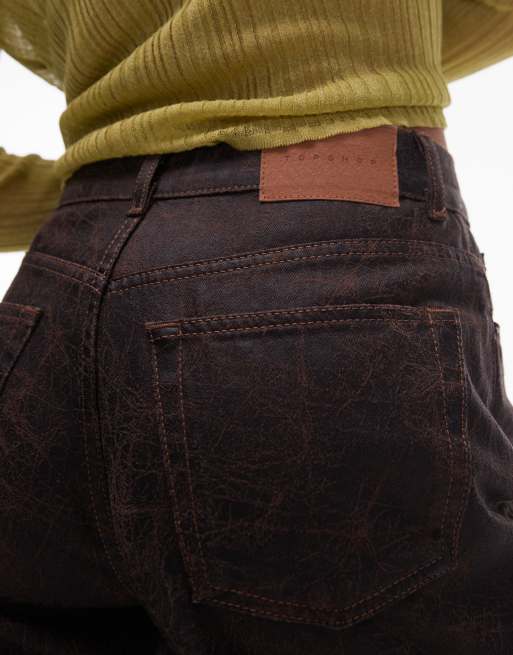 Topshop mid rise loose fit straight jeans in brown crackle