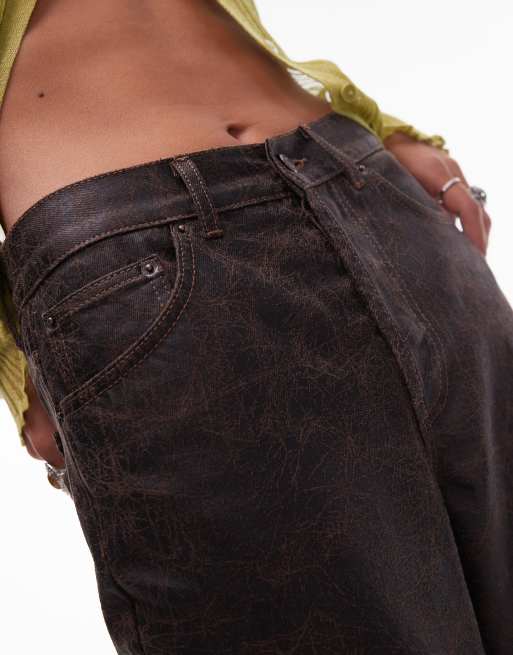 Topshop mid rise loose fit straight jeans in brown crackle