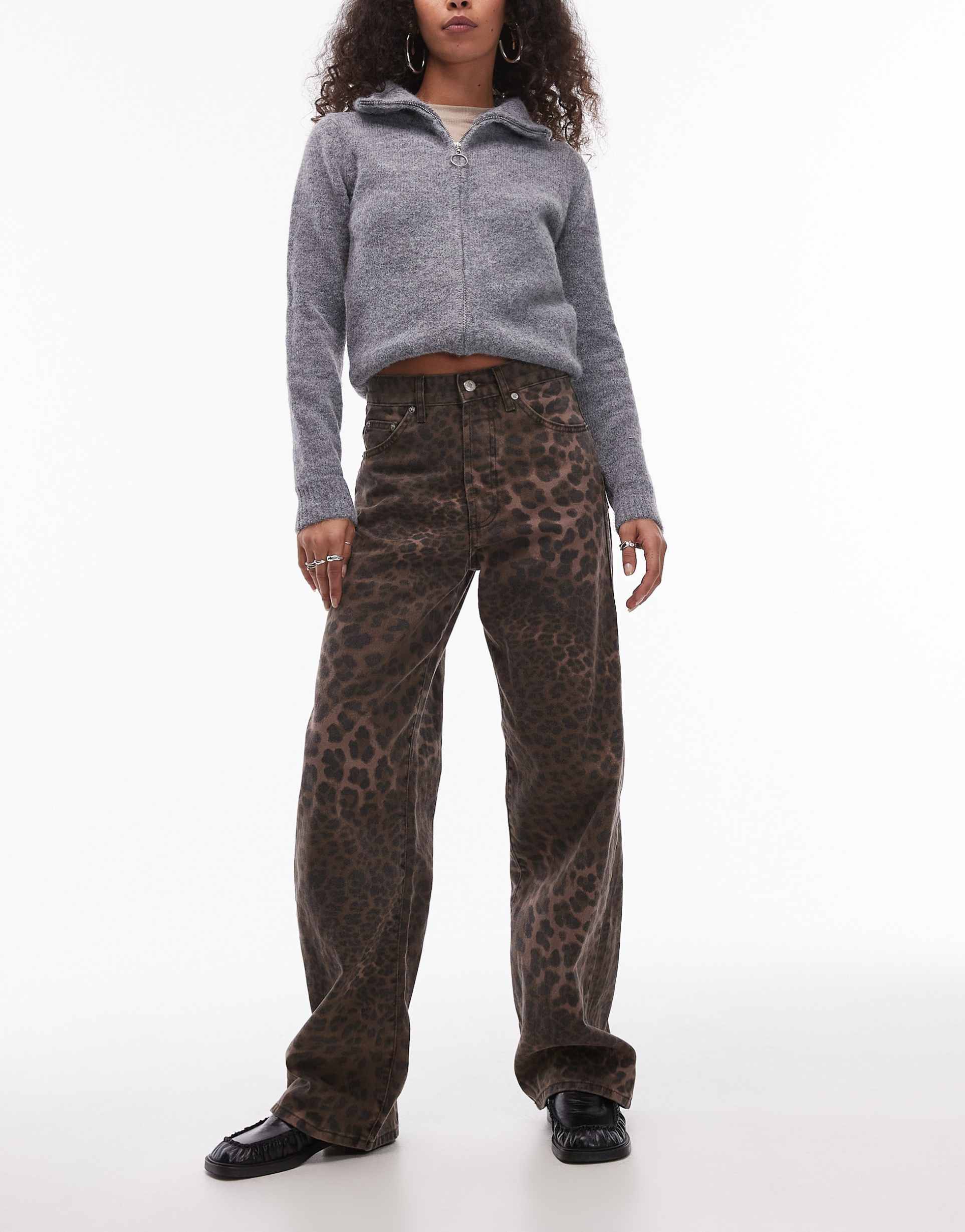 topshop mid rise loose fit straight jeans in brown leopard print