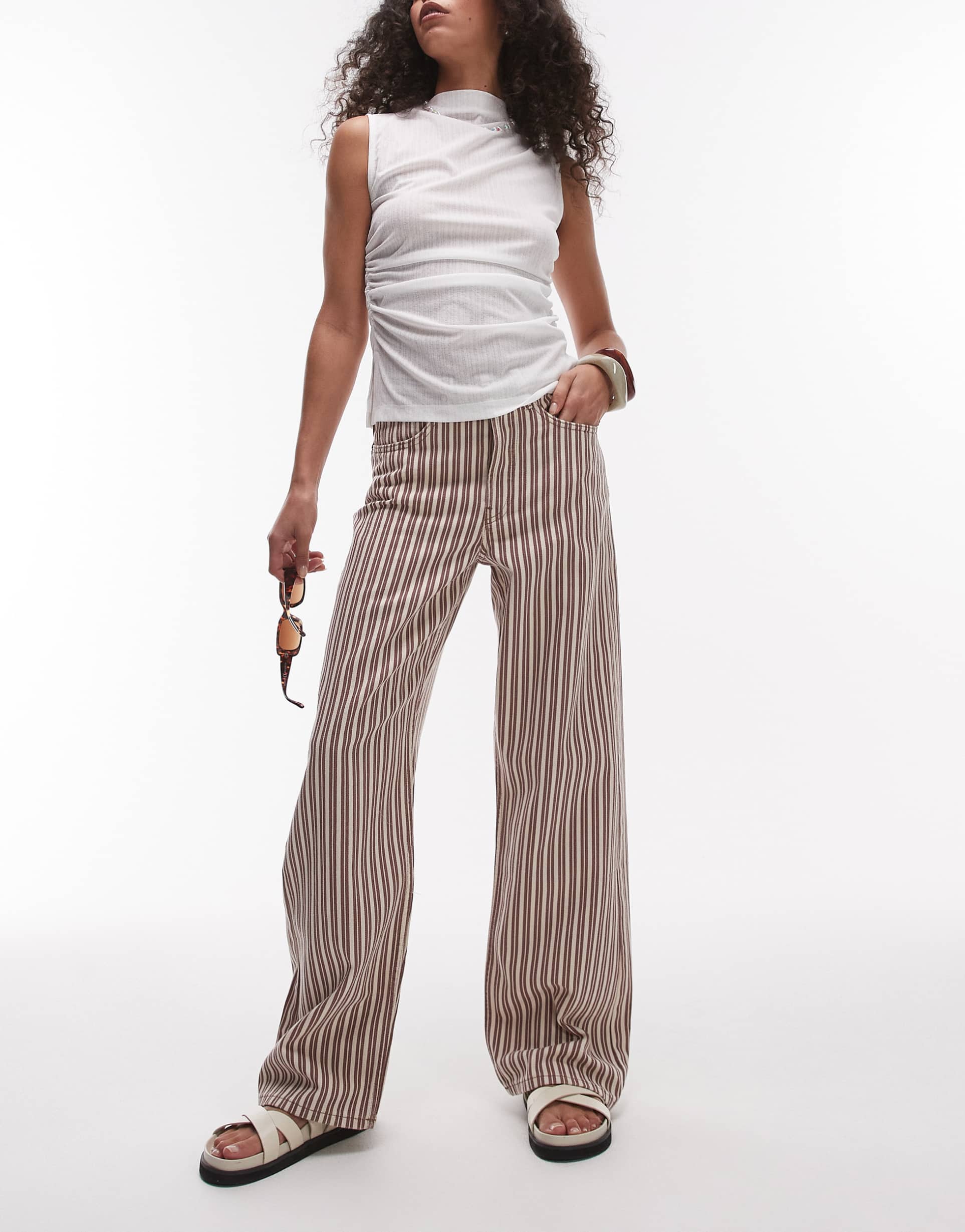 topshop mid rise loose fit straight jeans in burgundy and buttermilk stripe