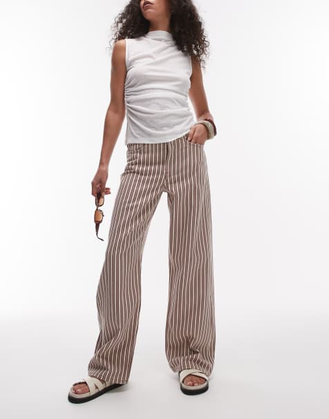 Topshop mid rise loose fit straight jeans in burgundy and buttermilk stripe - view 1