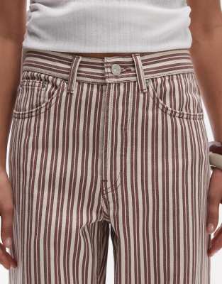 Topshop mid rise loose fit straight jeans in burgundy and buttermilk stripe