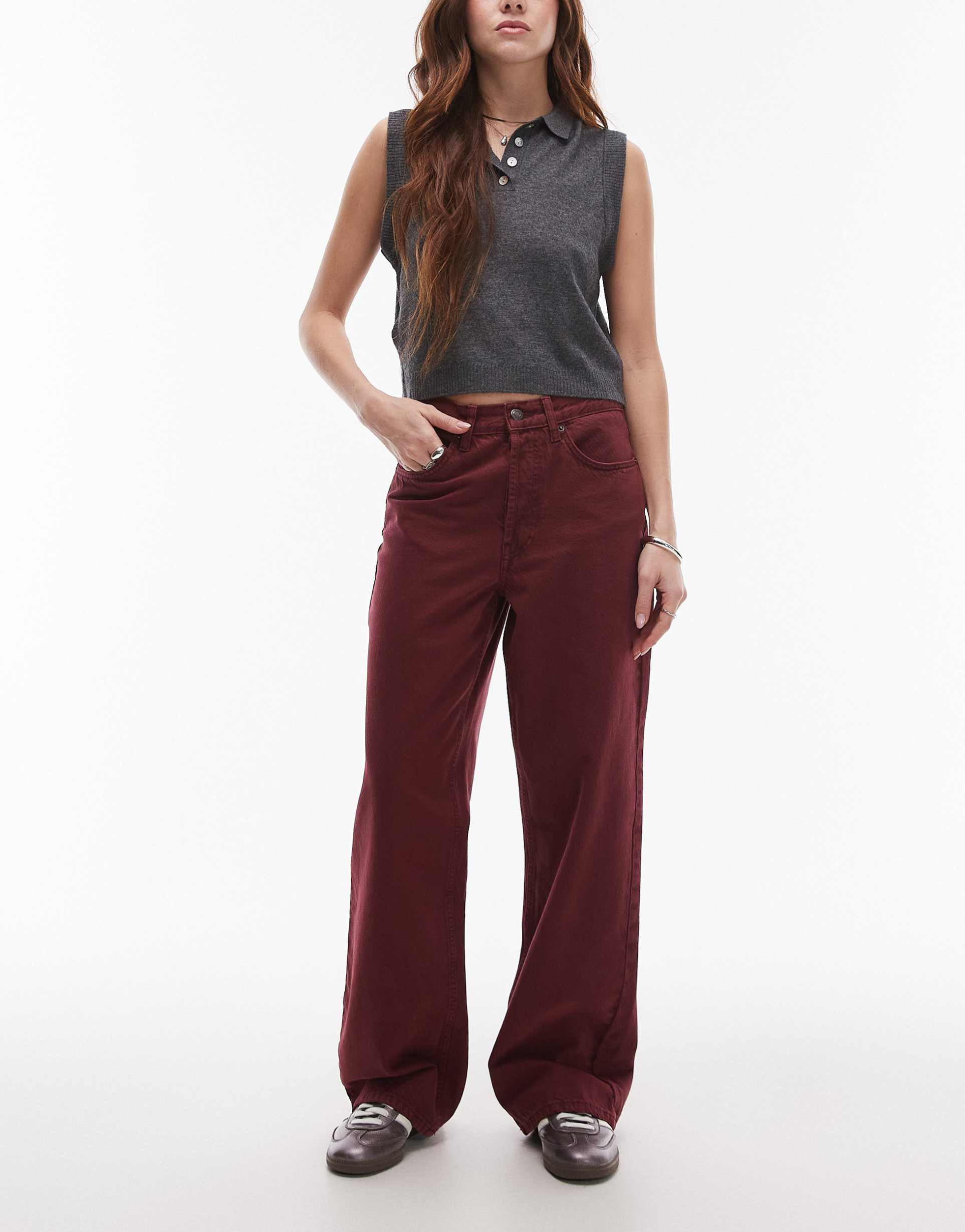 topshop mid rise loose fit straight jeans in burgundy