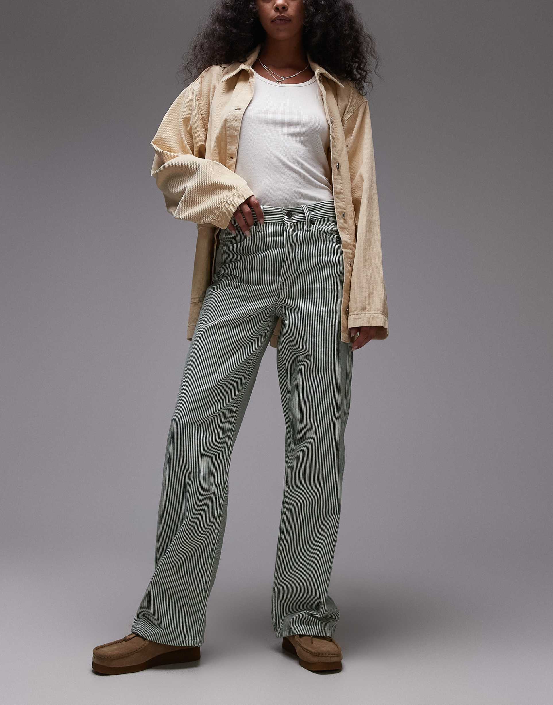 topshop mid rise loose fit straight jeans in green stripe