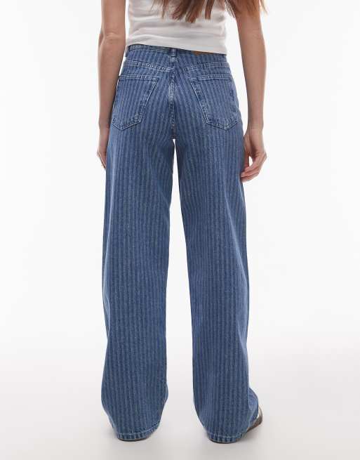 Topshop mid rise loose fit straight jeans in mid blue stripe 