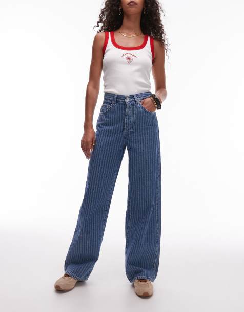 Topshop mid rise loose fit straight jeans in mid blue stripe - view 1