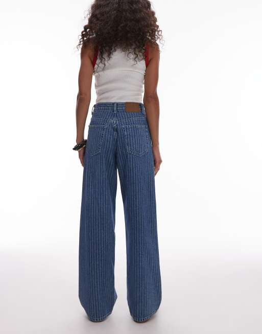 Topshop mid rise loose fit straight jeans in mid blue stripe, 2 of 5