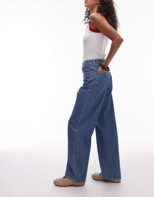 Topshop mid rise loose fit straight jeans in mid blue stripe, 3 of 5
