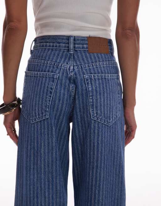 Topshop mid rise loose fit straight jeans in mid blue stripe, 4 of 5