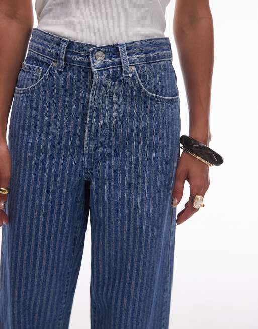 Topshop mid rise loose fit straight jeans in mid blue stripe, 5 of 5