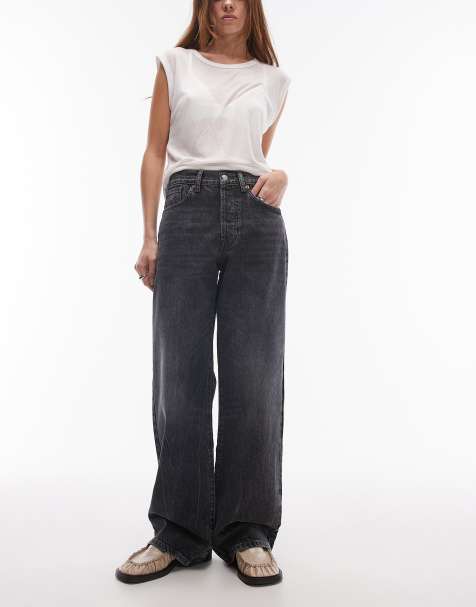 Topshop mid rise loose fit straight jeans in washed black - view 1