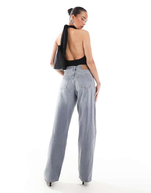 Topshop mid rise loose fit straight jeans in washed gray