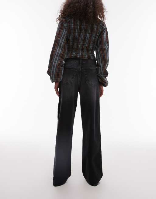 Topshop mid rise loose fit straight jeans with lace detail in black