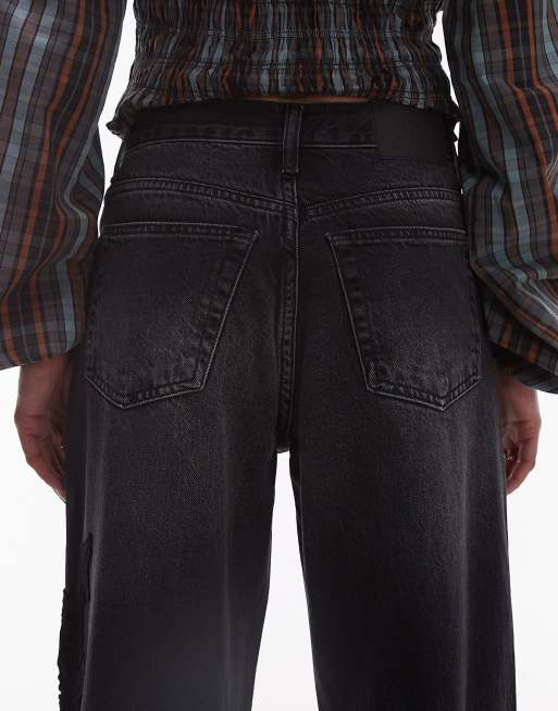 Topshop mid rise loose fit straight jeans with lace detail in black