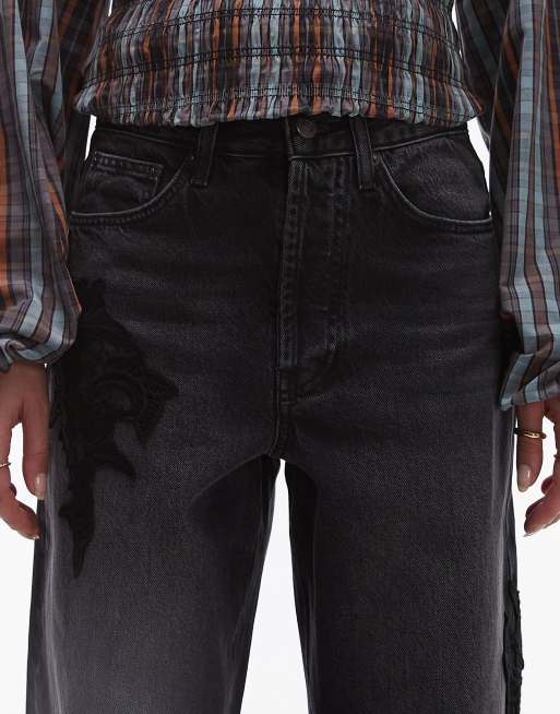 Topshop mid rise loose fit straight jeans with lace detail in black