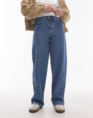 mid rise loose fit straight leg jeans in mid blue stripe