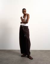 Topshop mid rise oversized belted barrel jean in chocolate