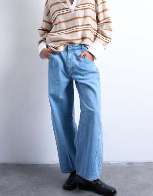 Topshop Mid Rise Side Panel Barrel Leg Jeans In Blue