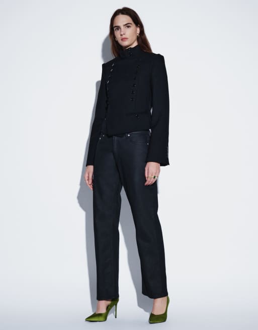 Topshop mid rise slim straight coated jean in black, 2 of 5