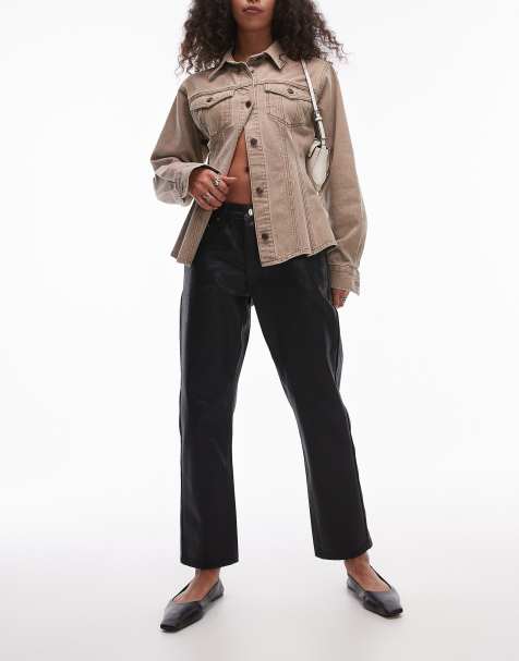 Topshop mid rise straight cropped coated jean in black - view 1