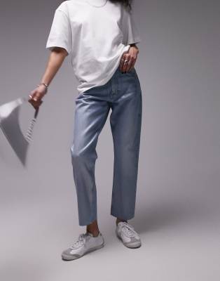 Topshop Topshop mid rise straight cropped foil jean with raw hems in silver