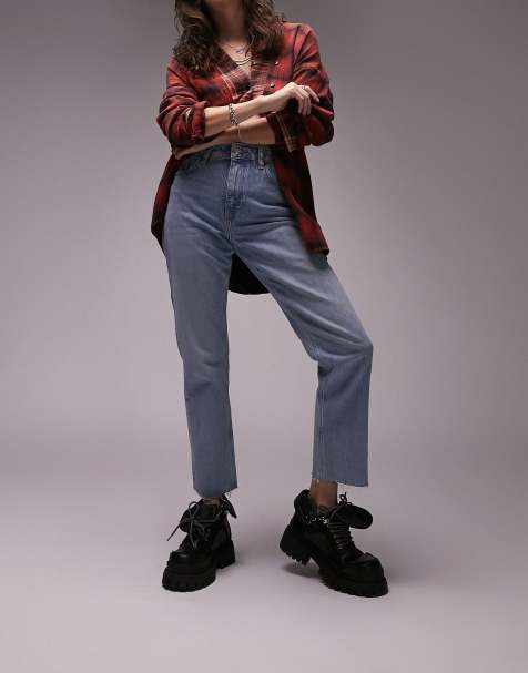 Topshop mid rise straight cropped jean in bleach