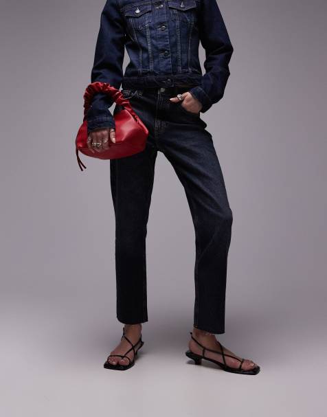 Topshop mid rise straight cropped jean with raw hems in blue black - view 1