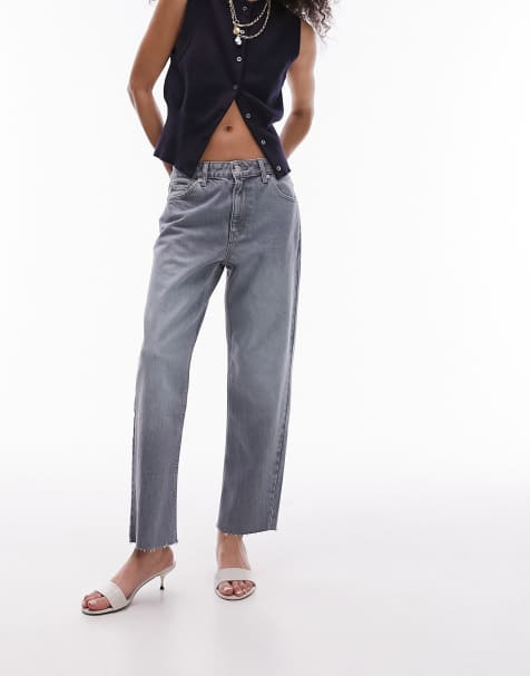 Topshop mid rise straight cropped jean with raw hems in cloudy green - view 1