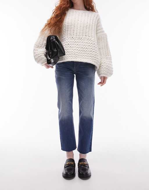 Topshop mid rise straight cropped jean with raw hems in extreme mid blue