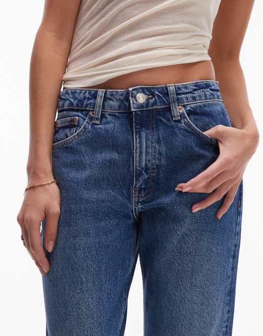 Topshop mid rise straight cropped jean with raw hems in mid blue