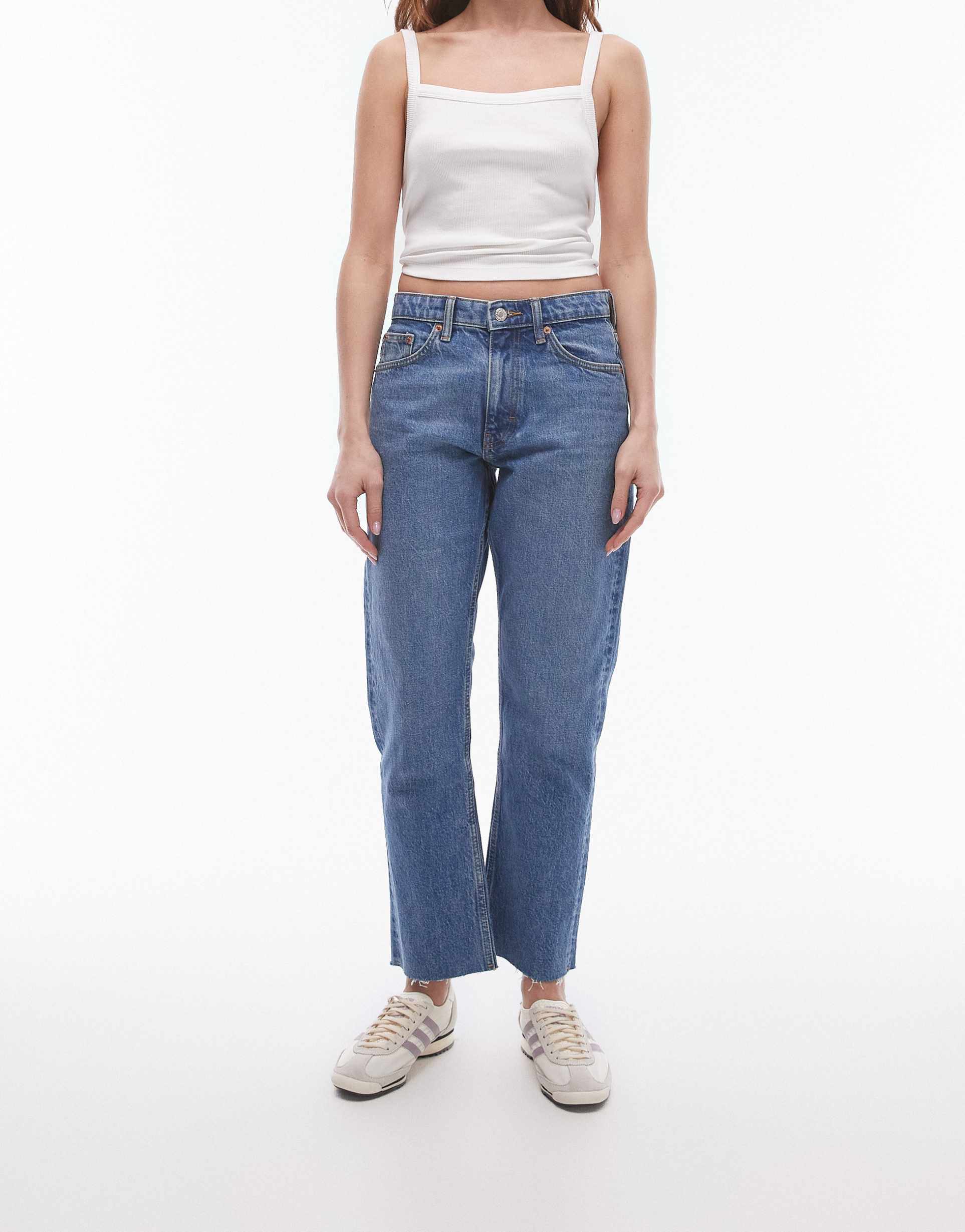 topshop mid rise straight cropped jean with raw hems in mid blue