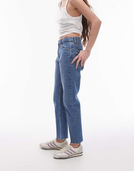 Topshop mid rise straight cropped jean with raw hems in mid blue , 2 of 5