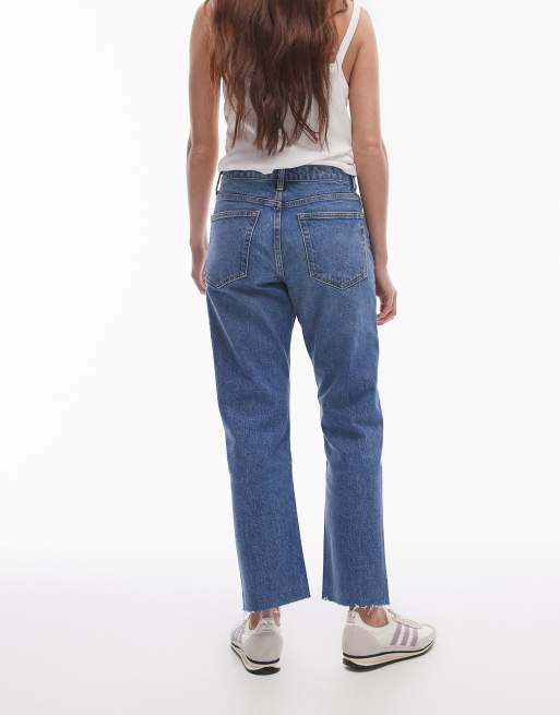 Topshop mid rise straight cropped jean with raw hems in mid blue , 3 of 5