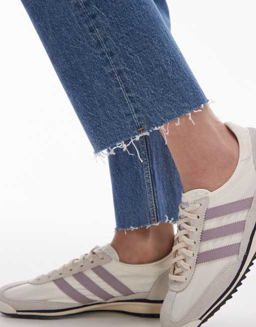 Topshop mid rise straight cropped jean with raw hems in mid blue , 5 of 5