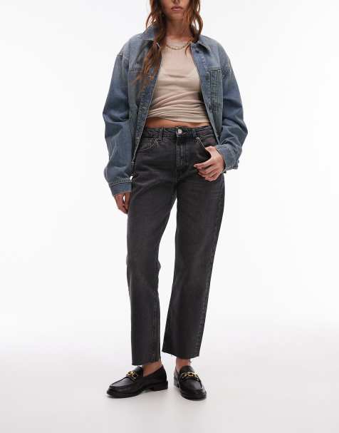 Topshop mid rise straight cropped jean with raw hems in washed black