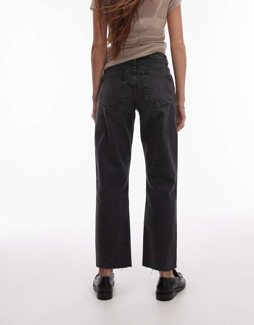 Topshop mid rise straight cropped jean with raw hems in washed black, 3 of 5