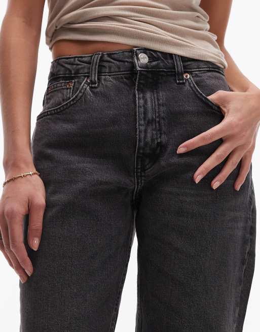 Topshop mid rise straight cropped jean with raw hems in washed black, 5 of 5