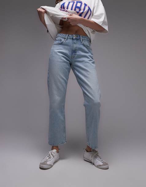 Topshop mid rise straight cropped jeans in summer bleach - view 1