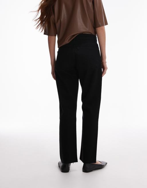 Topshop mid rise straight cropped jeans with raw hems in black, 3 of 5