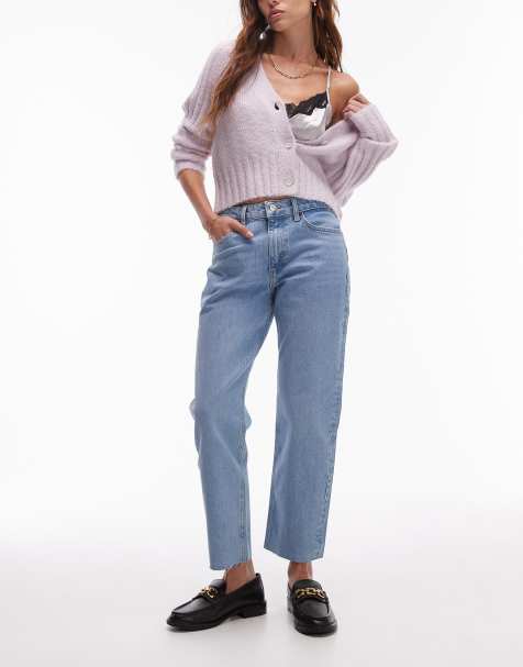 Topshop mid rise straight cropped jeans with raw hems in bleach - view 1