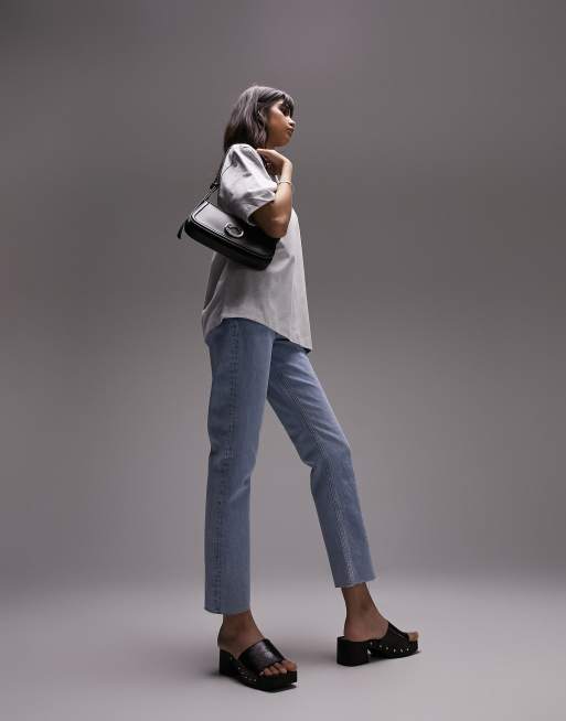 Topshop mid rise straight cropped jeans with raw hems in bleach 