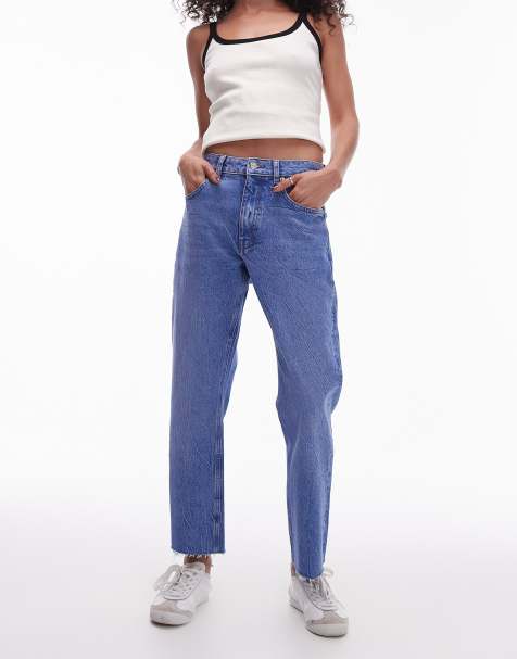 Topshop mid rise straight cropped jeans with raw hems in bright mid blue - view 1