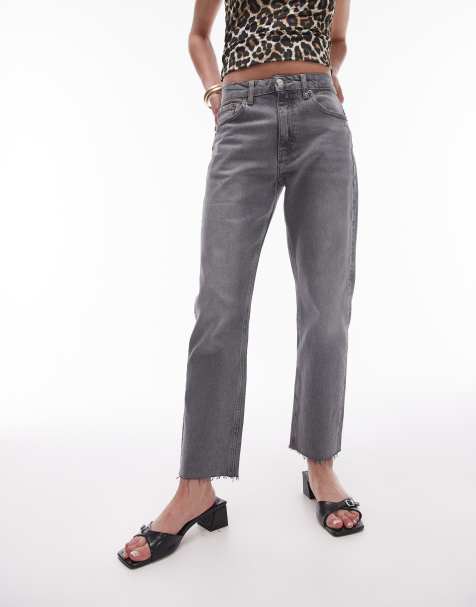 Topshop mid rise straight cropped jeans with raw hems in light grey - view 1