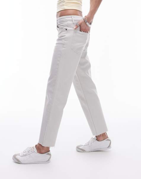 Topshop mid rise straight cropped jeans with raw hems in off white - view 1