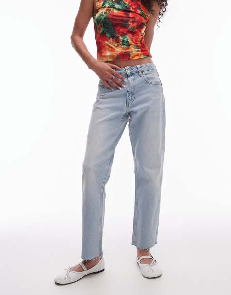 Topshop mid rise straight cropped jeans with raw hems in summer bleach - view 1